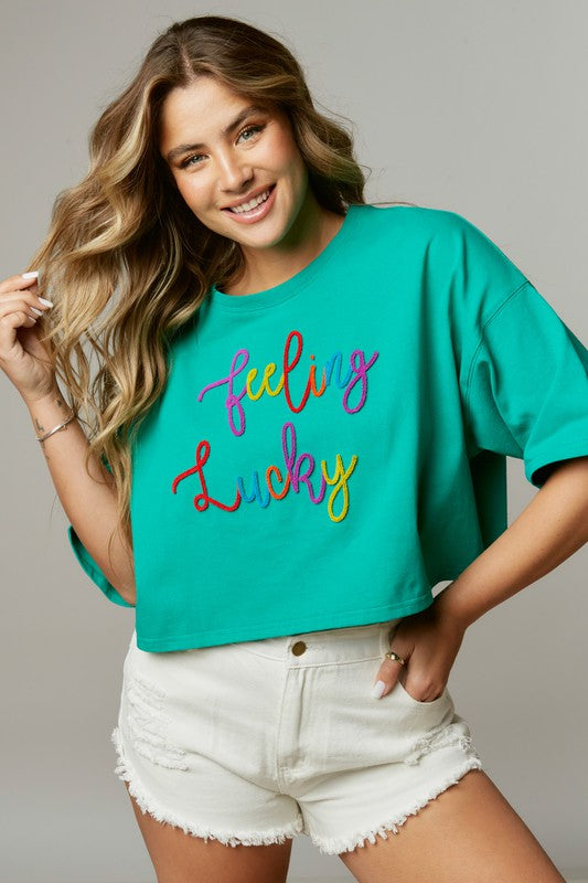 Green Feeling Lucky Cropped Letter Tee Clothing Peach Love CA   