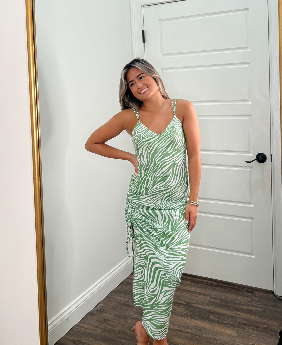 green and white zebra dress 1970s Green Zebra Print Long Sleeve Bias Cut Maxi