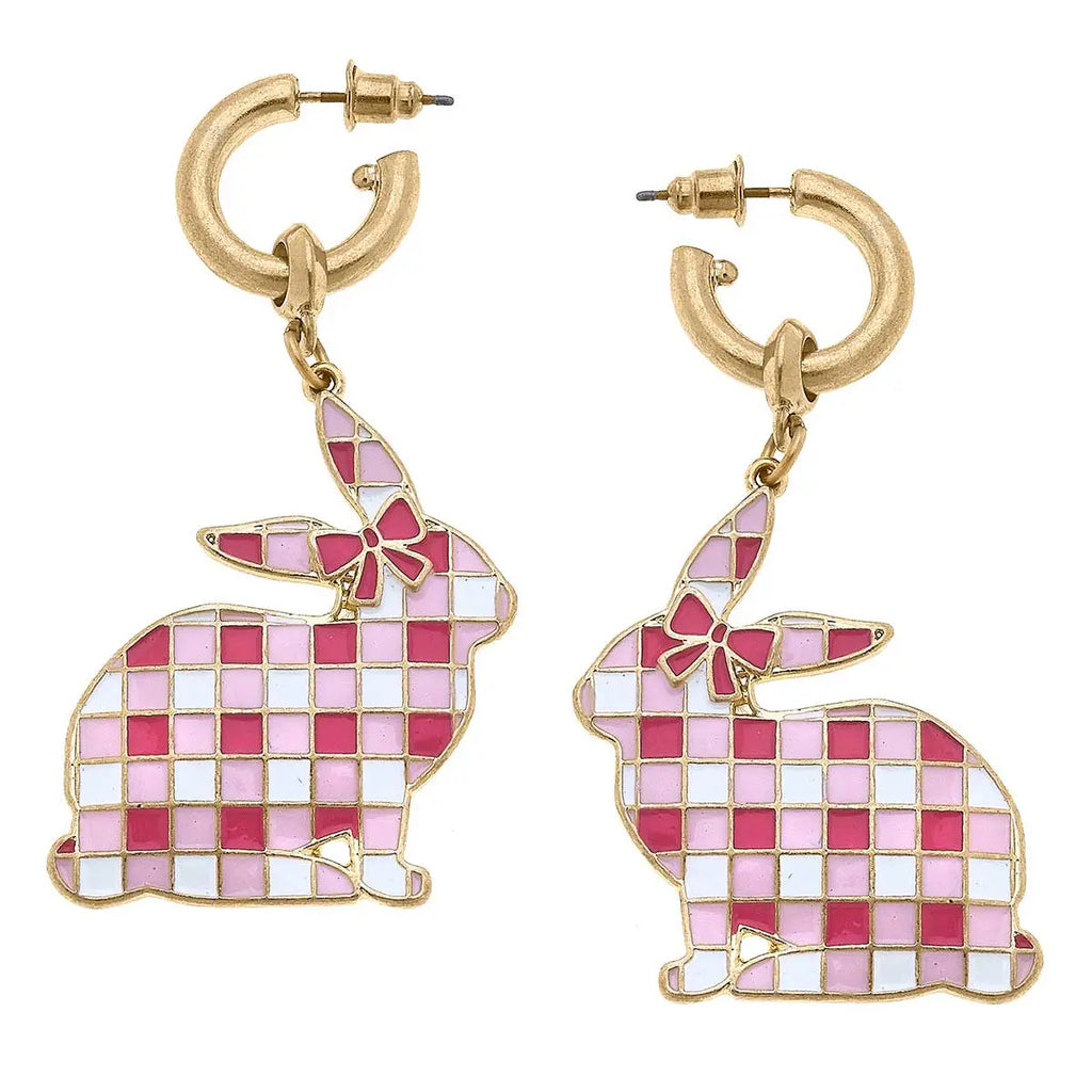 Stella Enamel Gingham Bunny Earrings in Pink & White Jewelry Canvas Style   