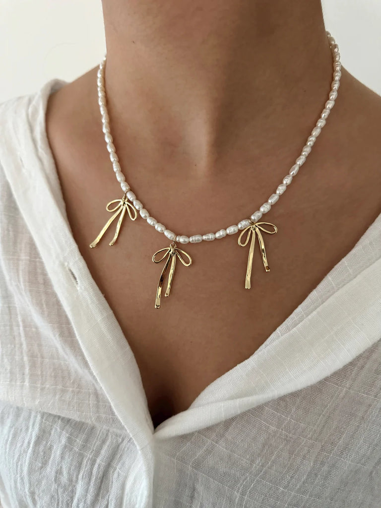Three Bow Pearl Necklace Jewelry ALV Jewels   