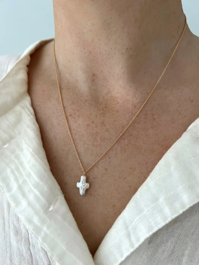 Single Pearl Cross Chain Necklace Jewelry ALV Jewels   