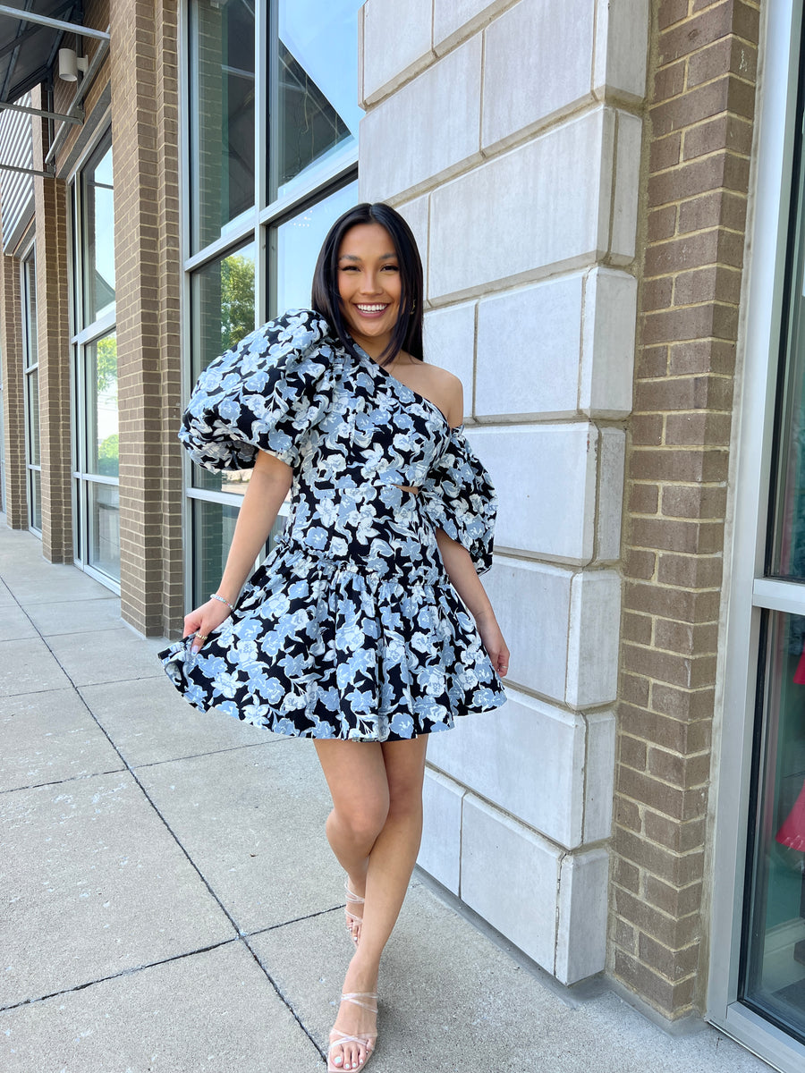 FAUX-WRAP CHIFFON DRESS WITH BLACK Sash Peacock main image 1