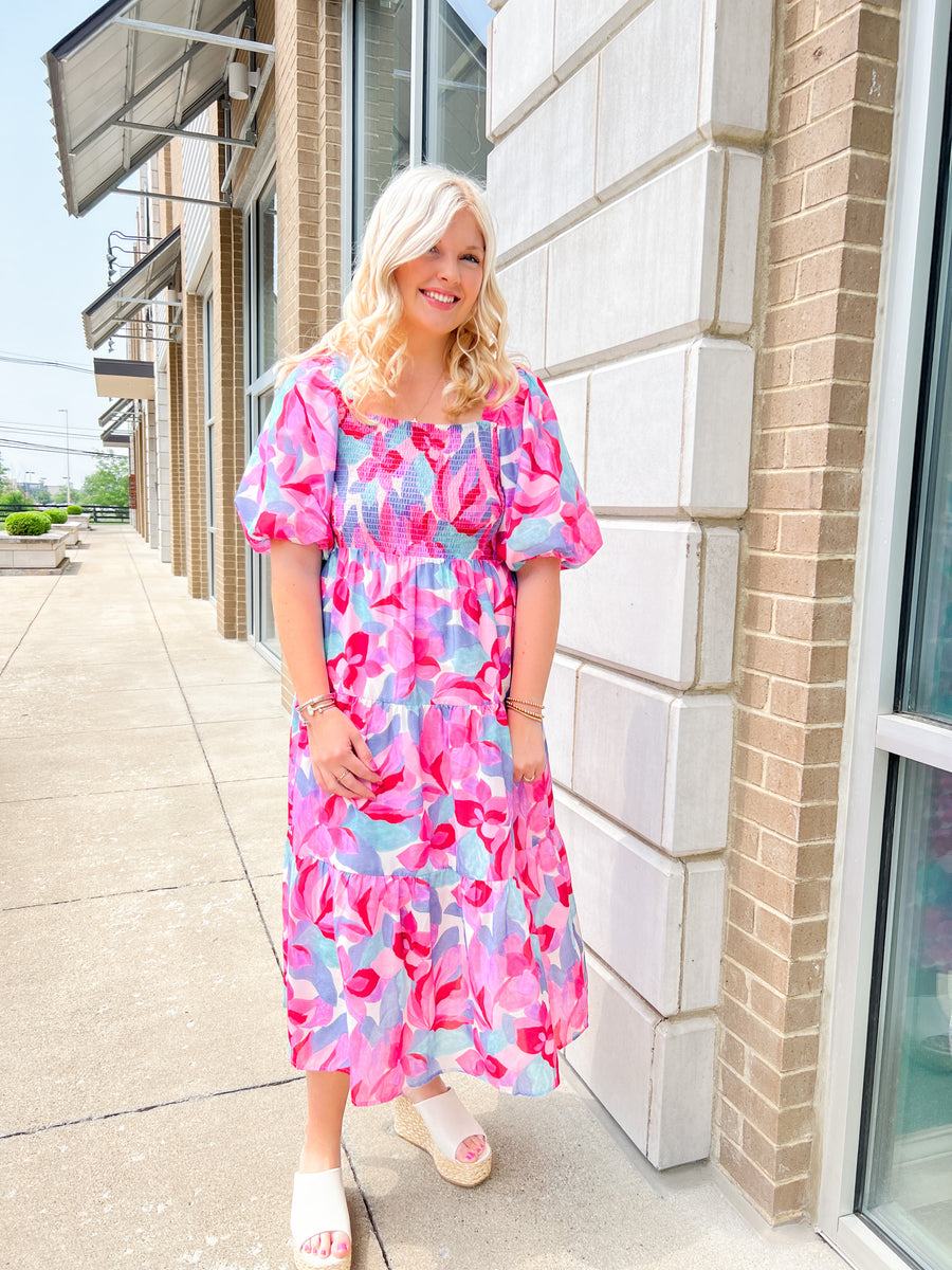 Midi dress - PEACOCK BLOOM mystic blue - Vibrant bloom stripe print