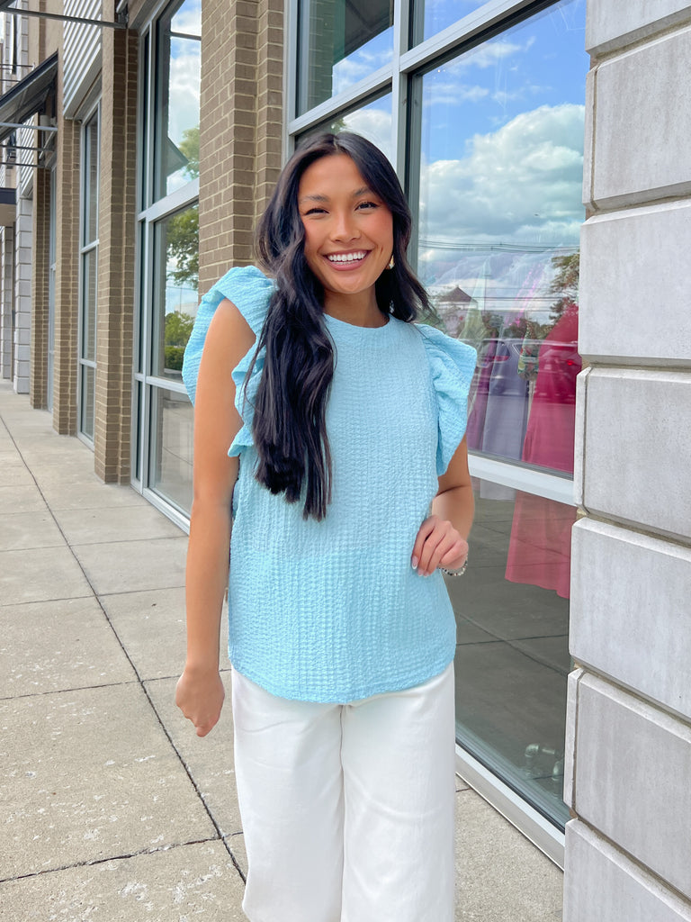Light Blue Textured Ruffle Sleeve Top Clothing THML   