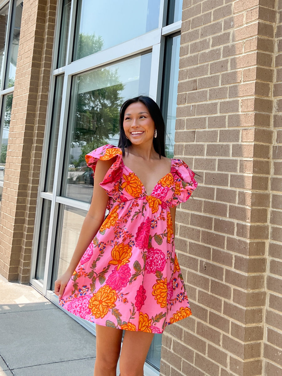 Pink Floral Puff Flutter Sleeve Dress Peacocks Pearls Lexington