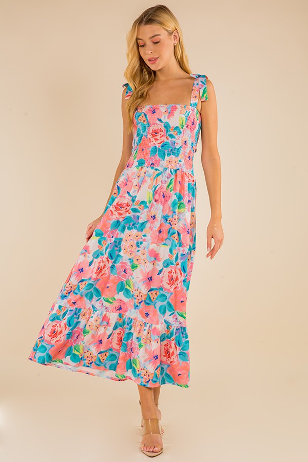 Neon Floral Tie Strap Smocked Top Dress Peacocks & Pearls Lexington