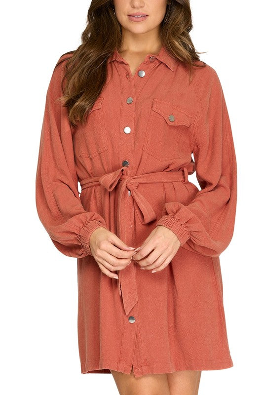 Rust Tie Front Button Down Shirt Dress Peacocks & Pearls Lexington