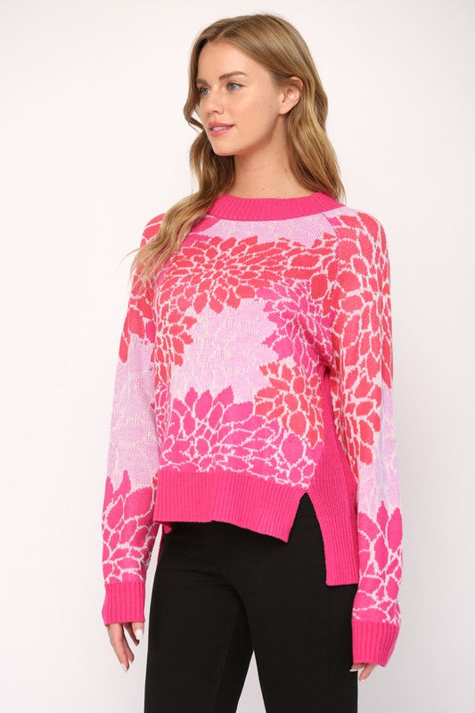 Multi Pink Floral Sweater W/ Side Slit Peacocks & Pearls Lexington