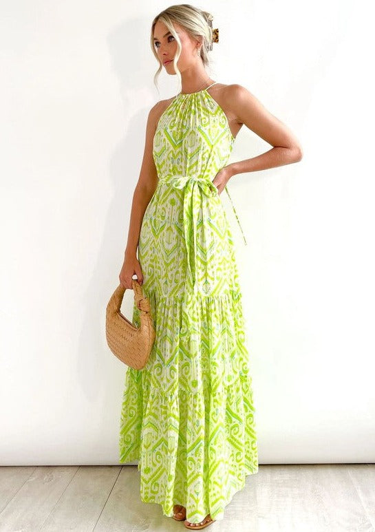 Lime Green Halter Printed Maxi Dress Peacocks & Pearls Lexington