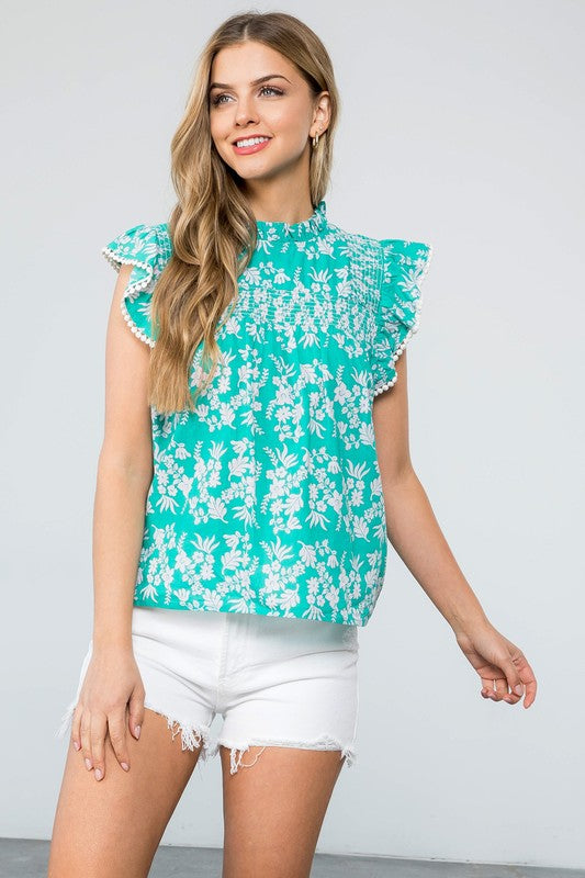Teal Floral Print Smocked Detail Top Clothing THML   