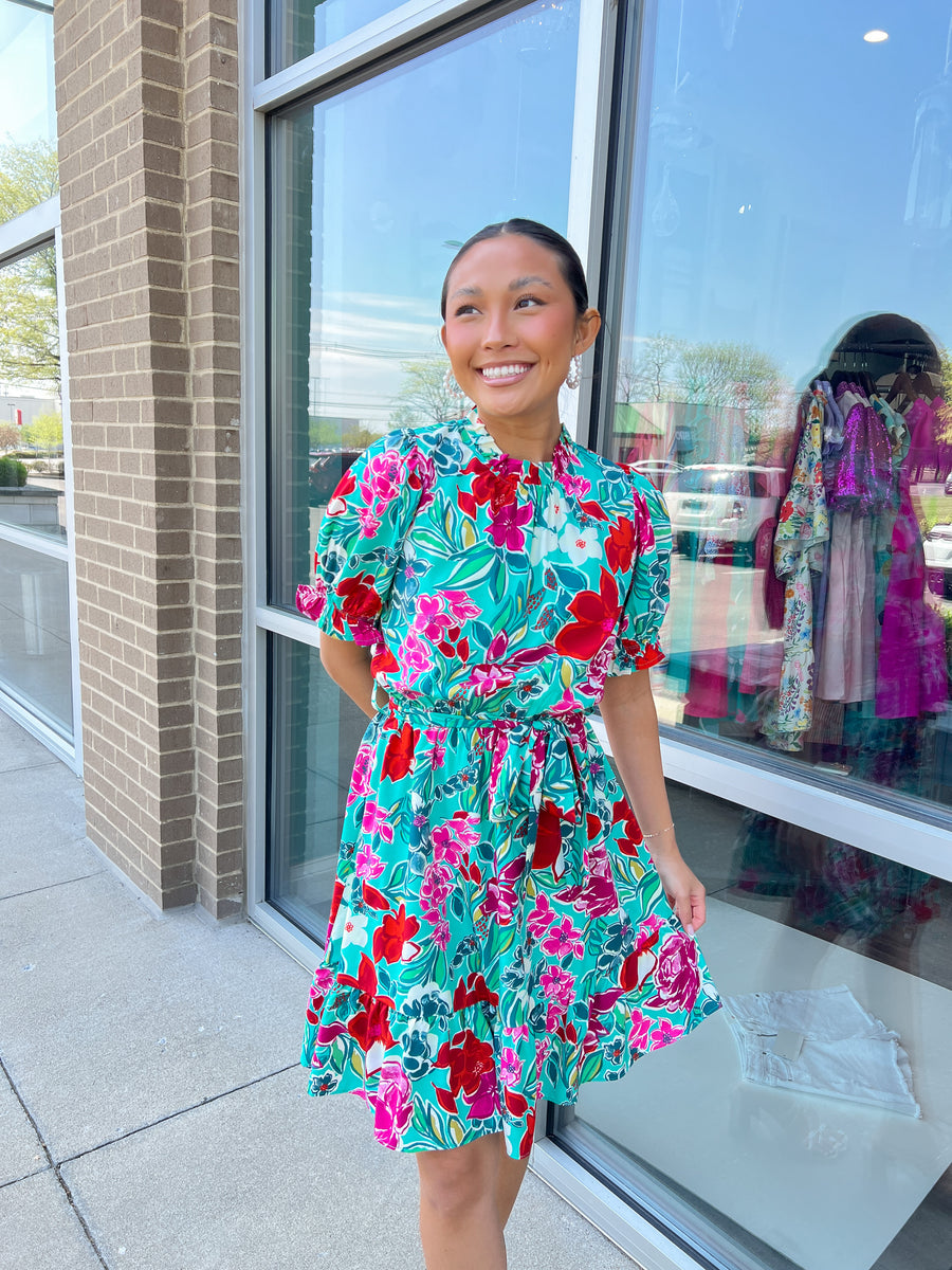 Green Floral Tie Belt Dress Peacocks & Pearls Lexington