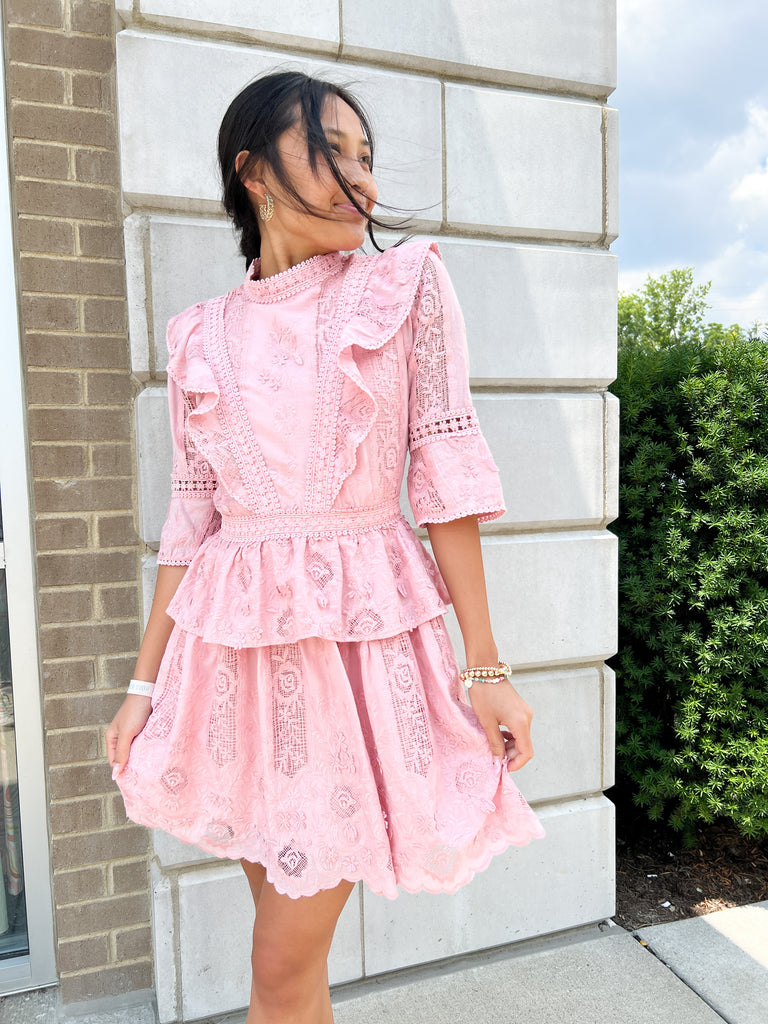Pink Embroidered Mock Neck Dress Clothing Adelyn Rae   