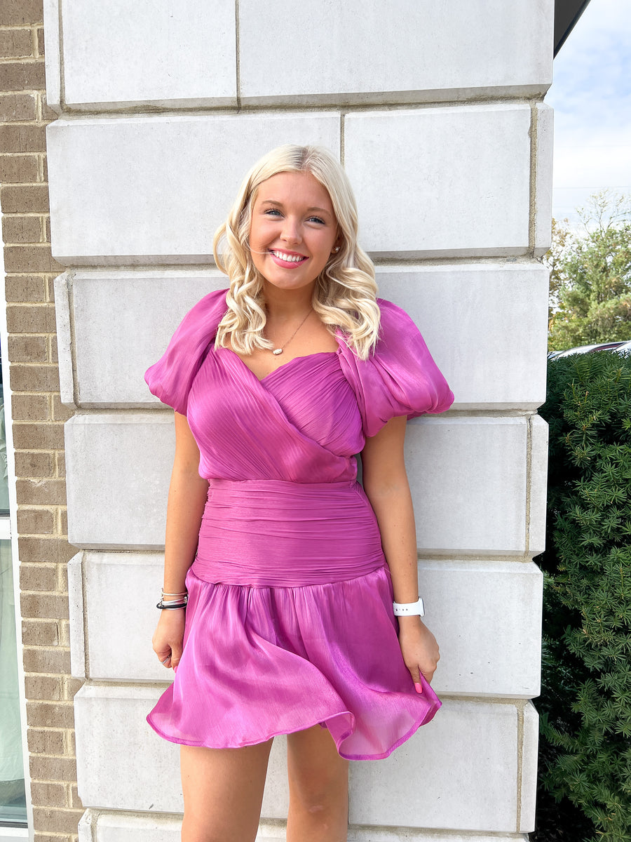 Purple Pleated Metallic Satin Puff Slv Dress Peacocks And Pearls Lexington 7583