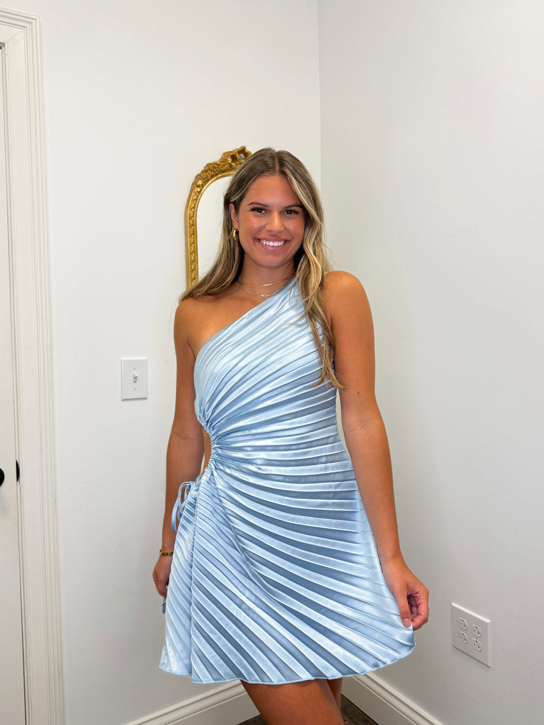 Bluest Sky Pleated Satin Dress Clothing Peacocks & Pearls Lexington   