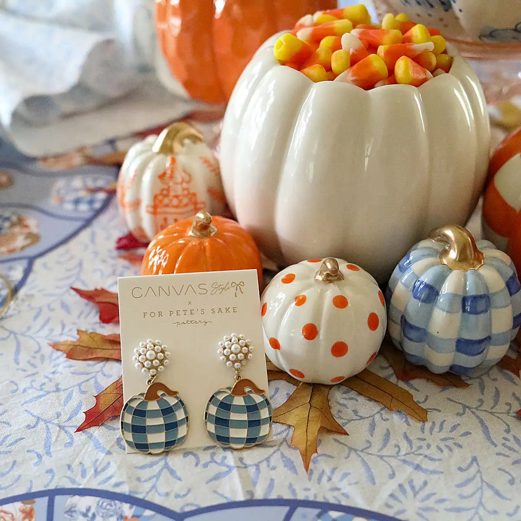 For Pete's Sake Pottery Enamel Gingham Pumpkin Earrings Jewelry Canvas Style   