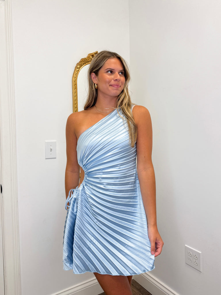 Bluest Sky Pleated Satin Dress Clothing Peacocks & Pearls Lexington   