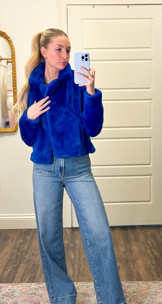 I Rock The Blue Short Faux Fur Coat Clothing Peacocks & Pearls Lexington   