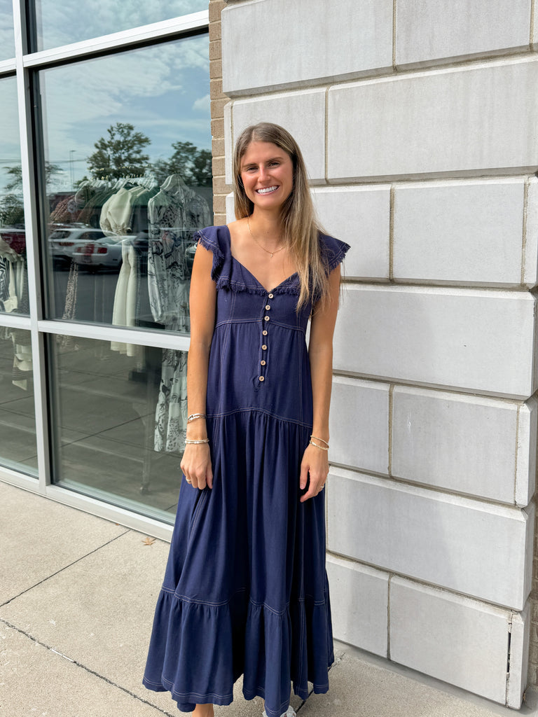 Orchard Dream Denim Maxi Dress Clothing Peacocks & Pearls Lexington   