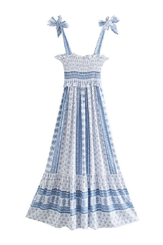 Blue/White Smocked Printed Midi Dress Clothing Sundayup   