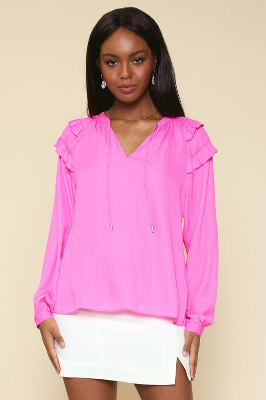 Split Neck Long Sleeve Ruffle Blouse – Peacocks Pearls Lexington