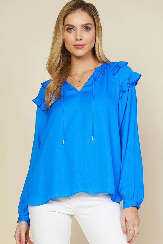 Split Neck Long Sleeve Ruffle Blouse Clothing Skies Are Blue Blue XS 