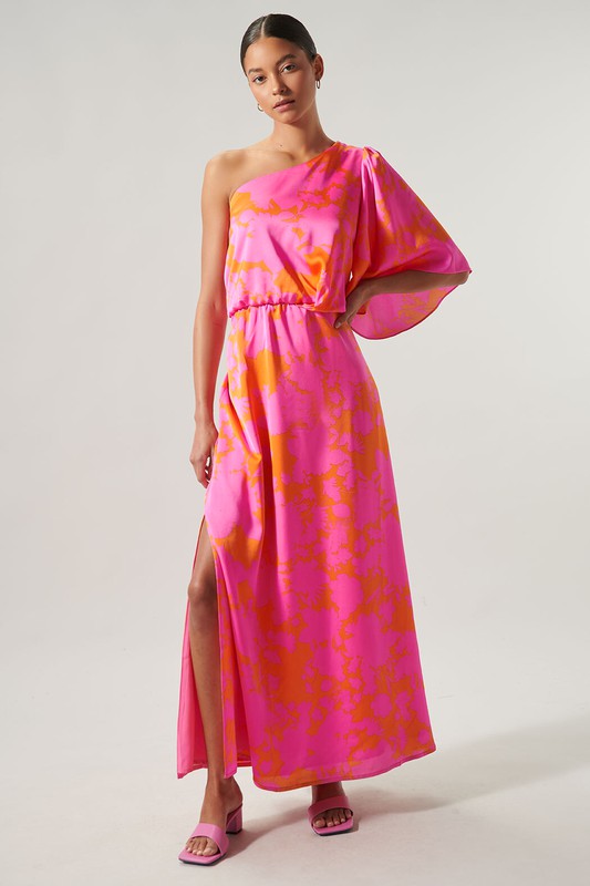 Pink/Orange Satin Floral One Shoulder Maxi Dress Pink/Orange Satin Floral One Shoulder Maxi Dress