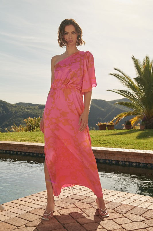 Pink/Orange Satin Floral One Shoulder Maxi Dress – Peacocks & Pearls Lexington