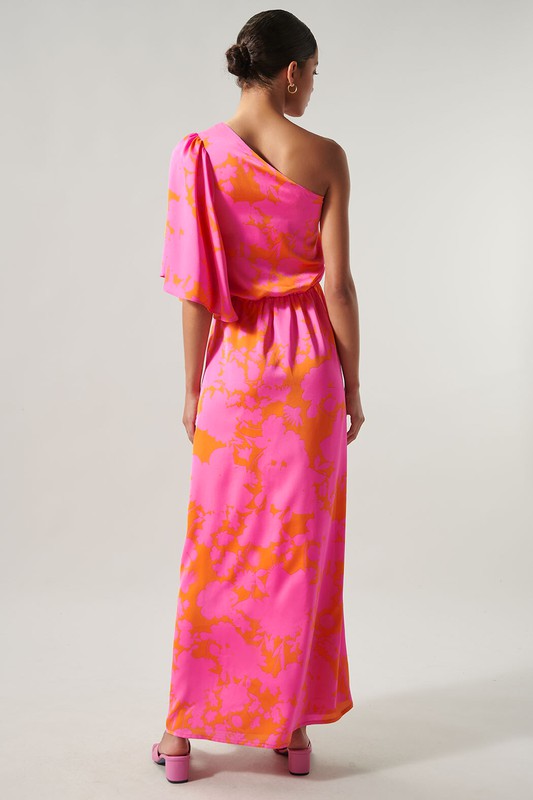 Pink/Orange Satin Floral One Shoulder Maxi Dress Clothing SugarLips   