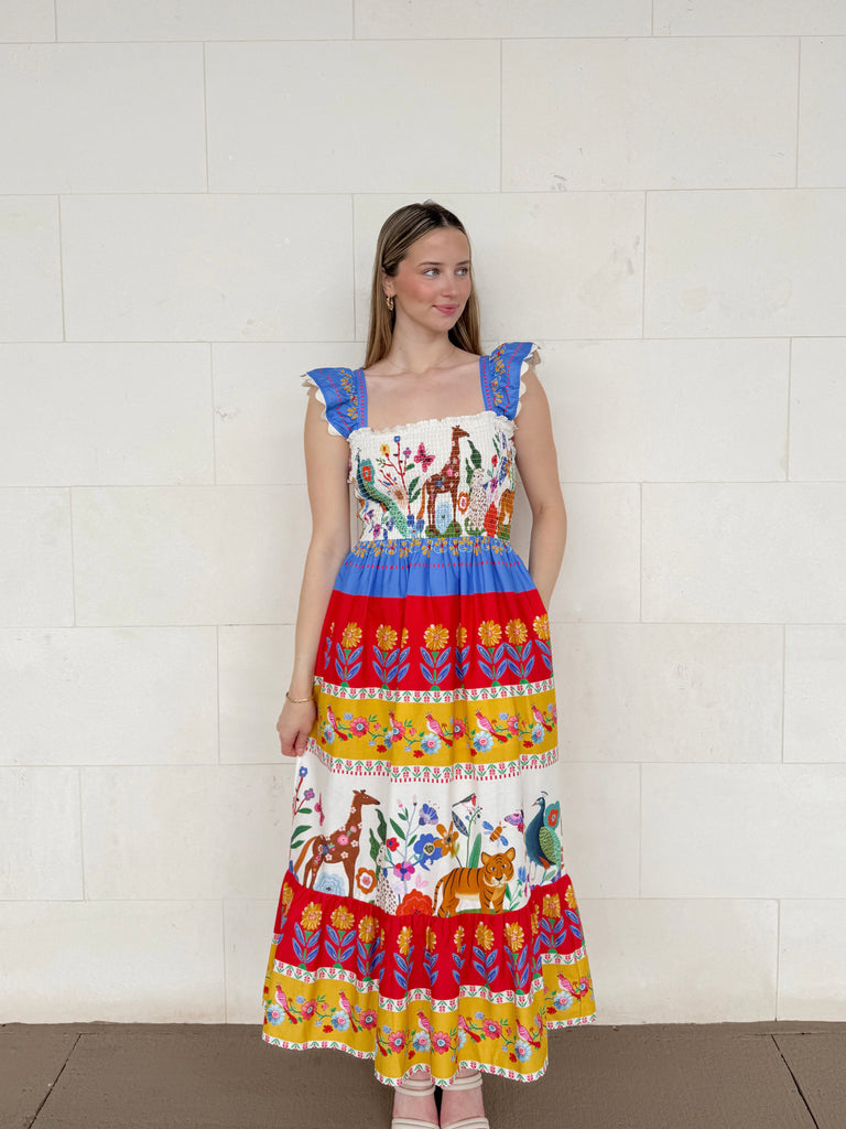 Floral Safari Midi Dress Clothing Peacocks & Pearls Lexington