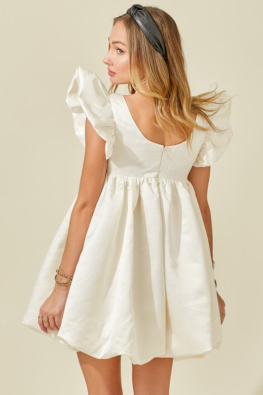 white satin bubble dress White Satin Square Neck Bubble-Hem Mini Dress | Womens | Medium (Available in XS, S, L, XL) | 100% Polyester