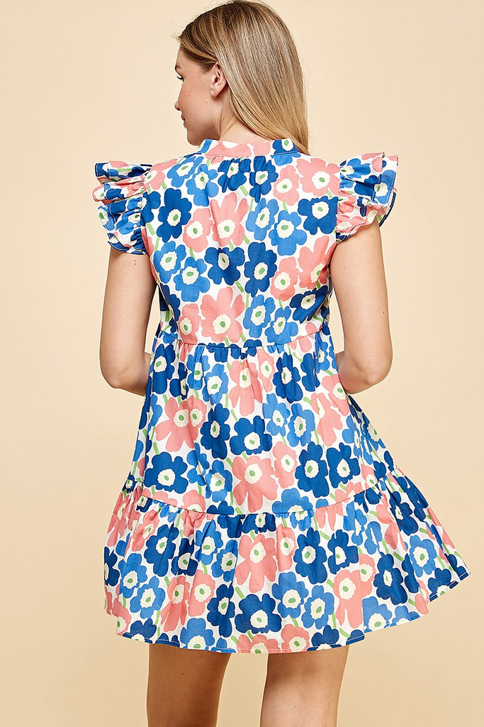 Blue/Coral Floral Print Dress W/ Ruffle Sleeve Clothing TCEC   
