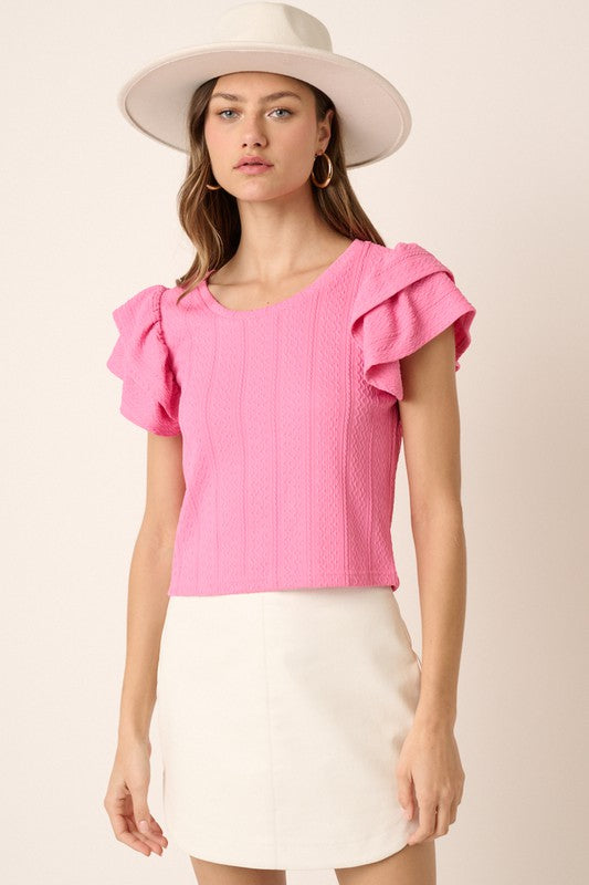 Pink Texture Cable Ruffle Sleeve Top Clothing Mittoshop   