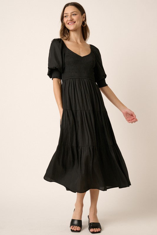 Black Smocked Sweetheart Neckline Midi Dress Clothing Peacocks & Pearls Lexington   