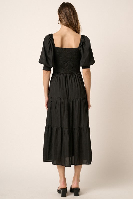 Black Smocked Sweetheart Neckline Midi Dress Peacocks & Pearls Lexington Black Smocked Sweetheart Neckline Midi Dress Peacocks & Pearls Lexington