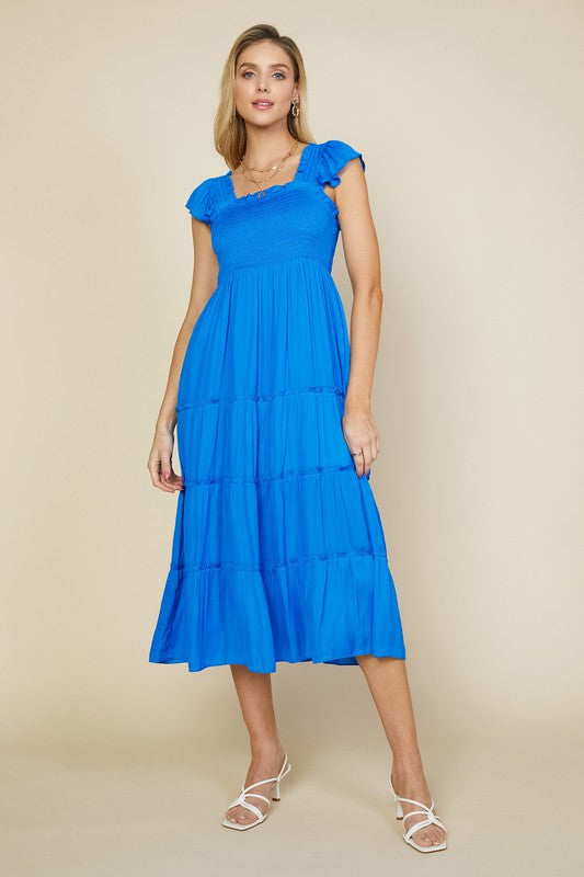Smocked Tiered Midi Dress W/ Ruffles Clothing Skies Are Blue Blue XS 