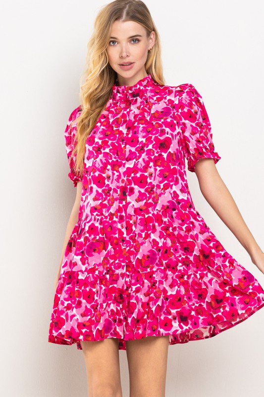 Floral Printed Ruffled Puffed Sleeve Tiered Dress Clothing TCEC Pink S 