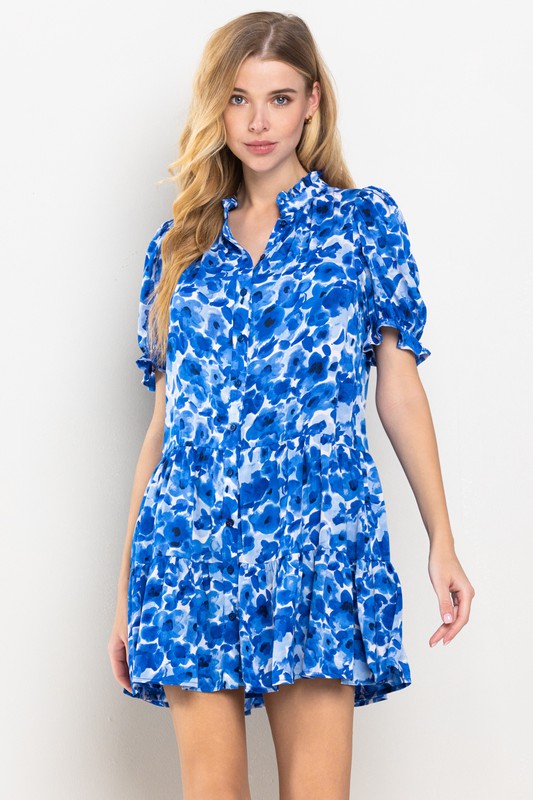 Floral Printed Ruffled Puffed Sleeve Tiered Dress Clothing TCEC Blue S 