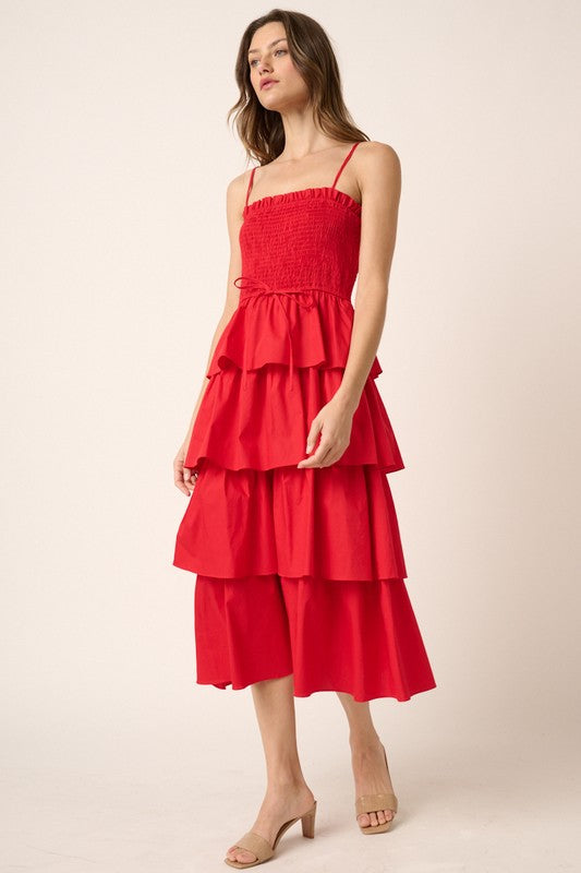 Red Smocked W/ Ruffle Tiered Midi Dress Clothing Mittoshop   