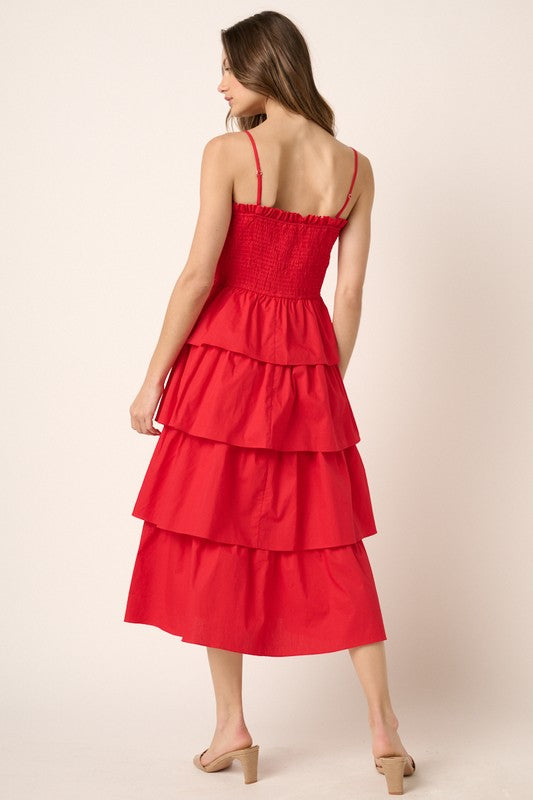 Red Smocked W/ Ruffle Tiered Midi Dress Peacocks & Pearls Lexington Red Smocked W/ Ruffle Tiered Midi Dress Peacocks & Pearls Lexington