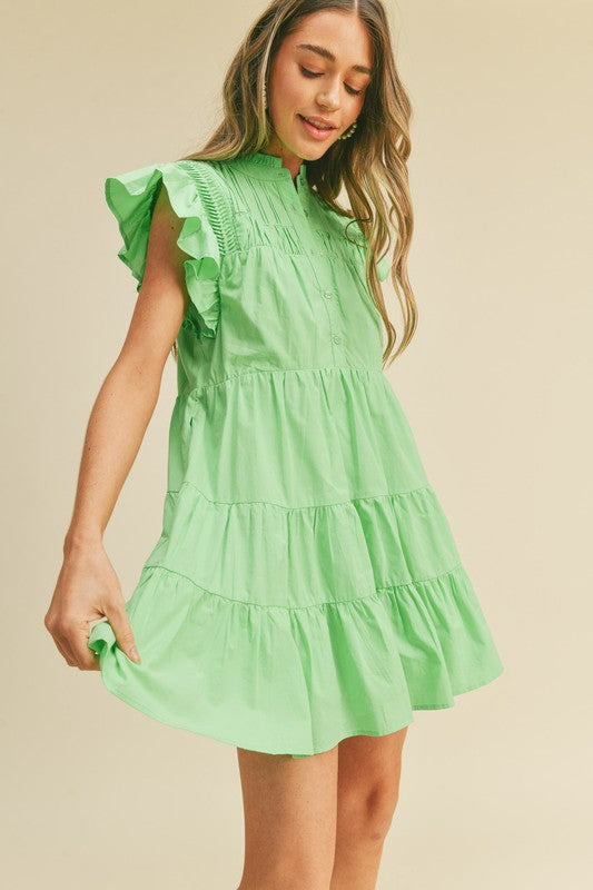 Green Button Down Flutter Sleeve Tiered Dress Clothing &merci   