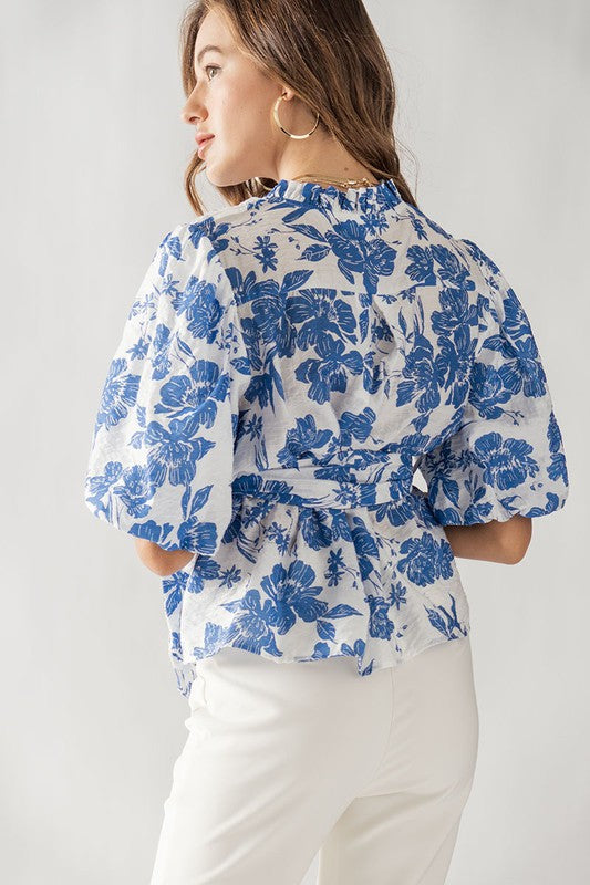 Royal/White Floral Puff Sleeve Tie Top Clothing Trend:Notes   