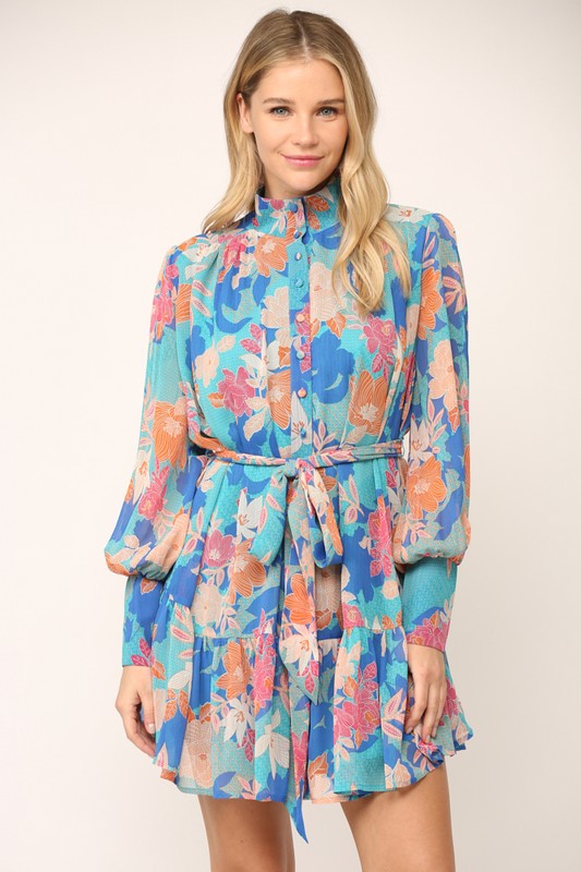 Floral Long Sleeve Button Up Ruffled Dress Clothing Fate Blue S 