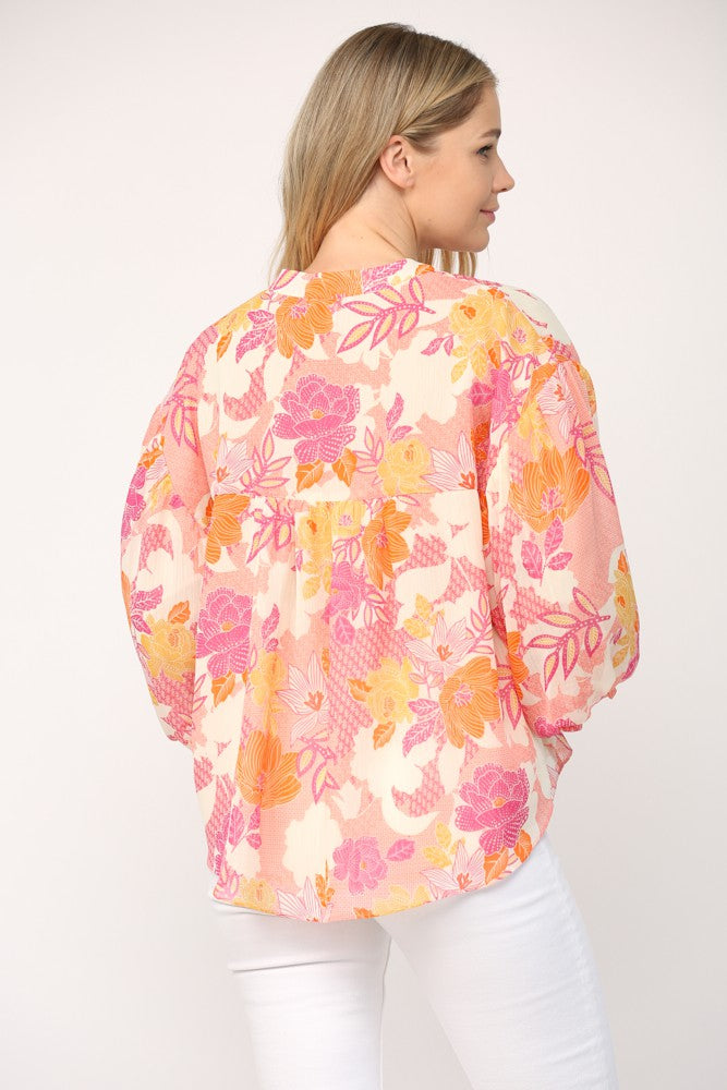 Floral Print 3/4 Balloon Sleeve Top Clothing Fate   