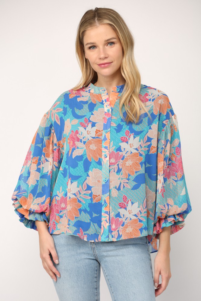 Floral Print 3/4 Balloon Sleeve Top Clothing Fate Blue Multi S 