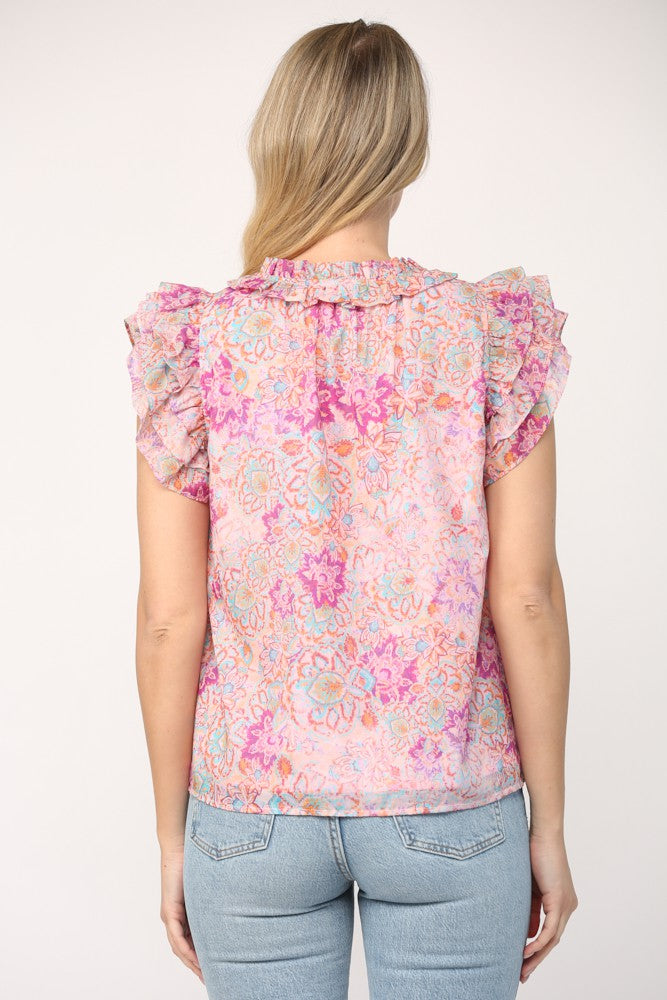 Floral Frill Neck Flutter Sleeve Top Clothing Fate   