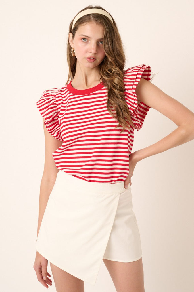Red/White Striped Flutter Sleeve Top Clothing Mittoshop   