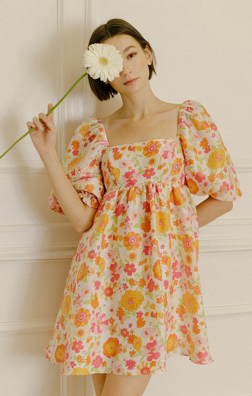 Multi Floral 3/4 Puff Sleeve Babydoll Dress