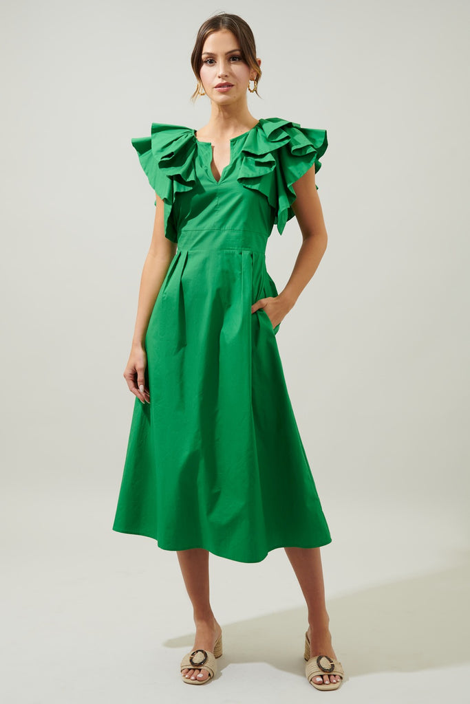 Ruffle Sleeve Tie Back Midi Dress Clothing SugarLips Green S 