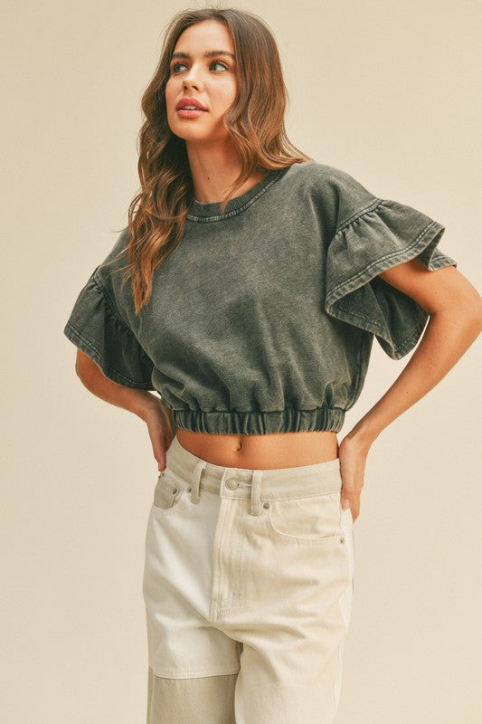 Black Washed Cropped Ruffle Sleeve Top Clothing Miou Muse   