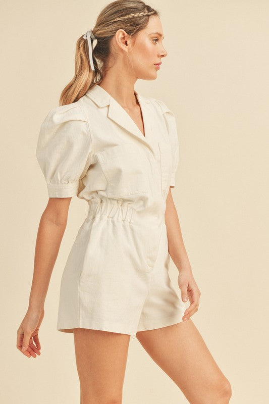 White Denim Puff Sleeve Romper – Peacocks Pearls Lexington